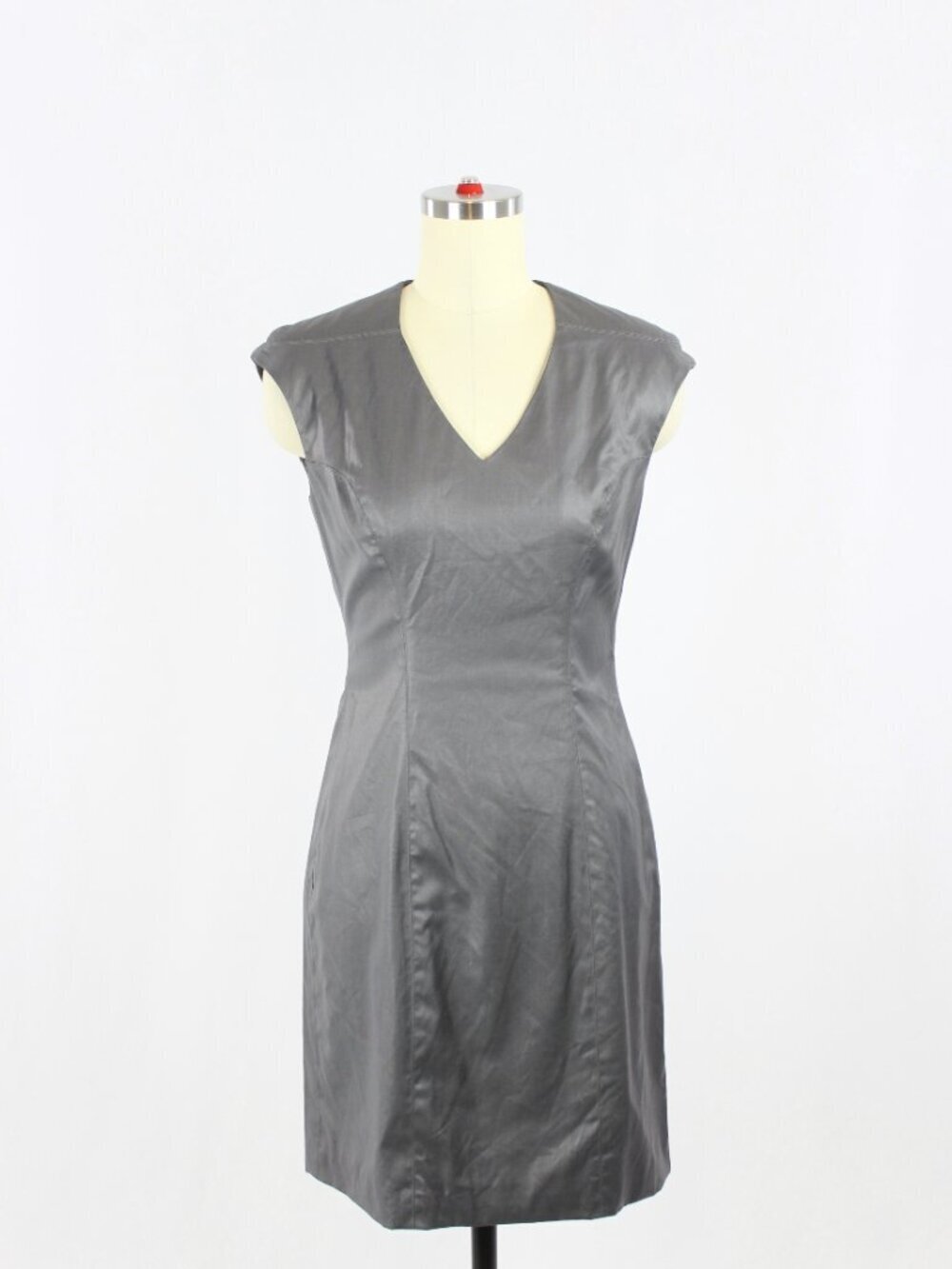 HELMUT LANG Grey Chintz Wool Minimalist V-Neck Sheath Dress, Size 0